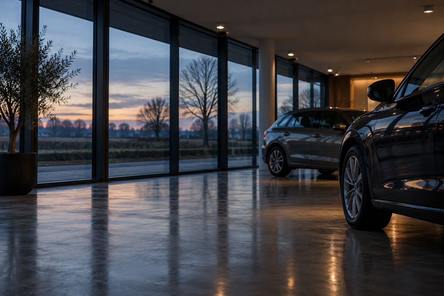 Empty car showroom at dusk