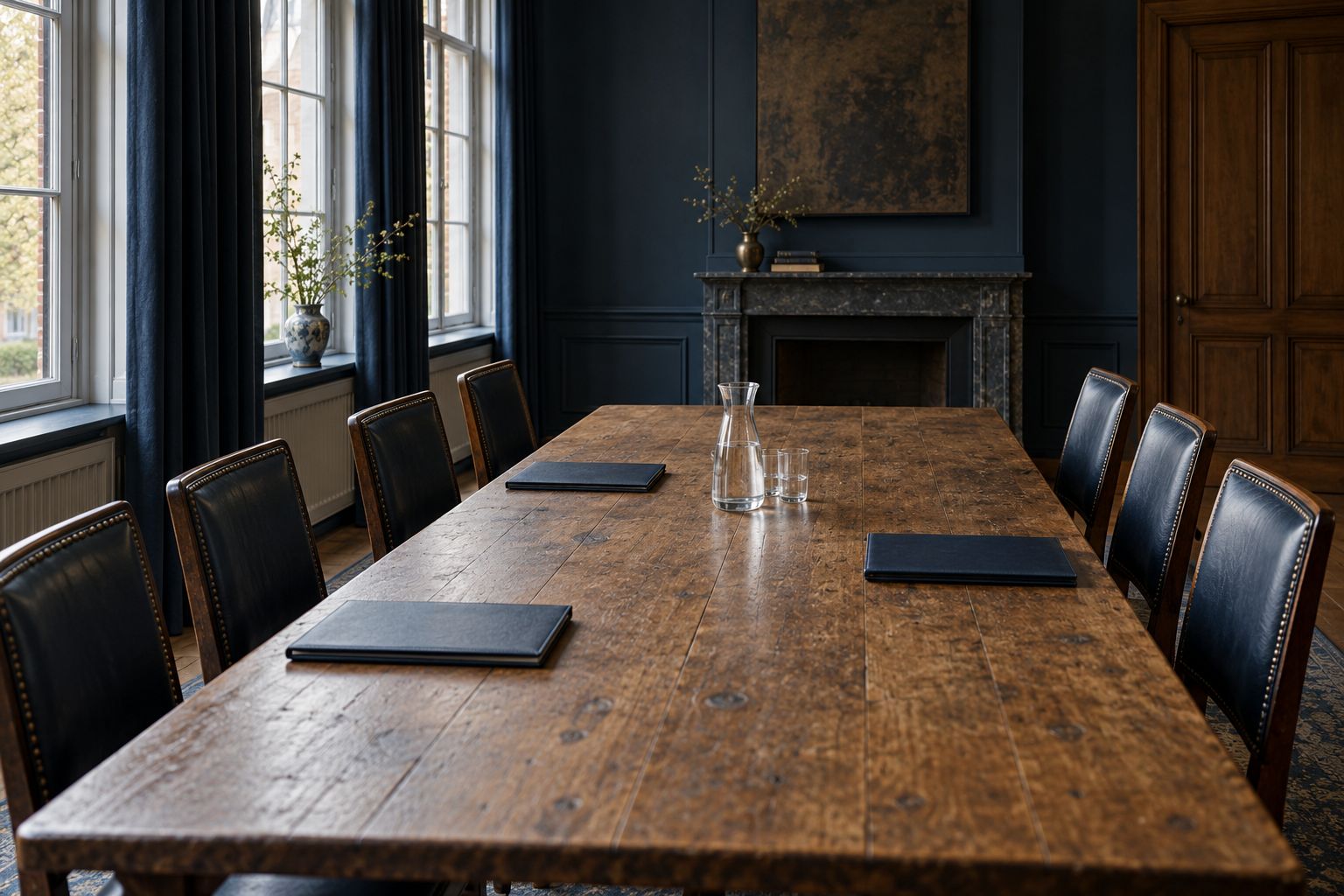 Empty boardroom table with chairs